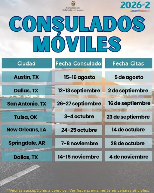 Lugares y fechas consulados móviles del Consulado de Colombia en Houston